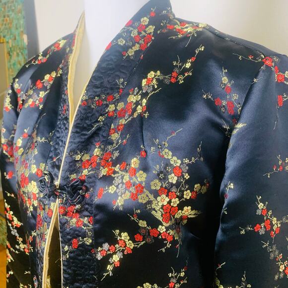 Vintage Chinese Sz L Style Gold Silky Reversible Jacket Floral Embroidered Retro - Picture 10 of 16
